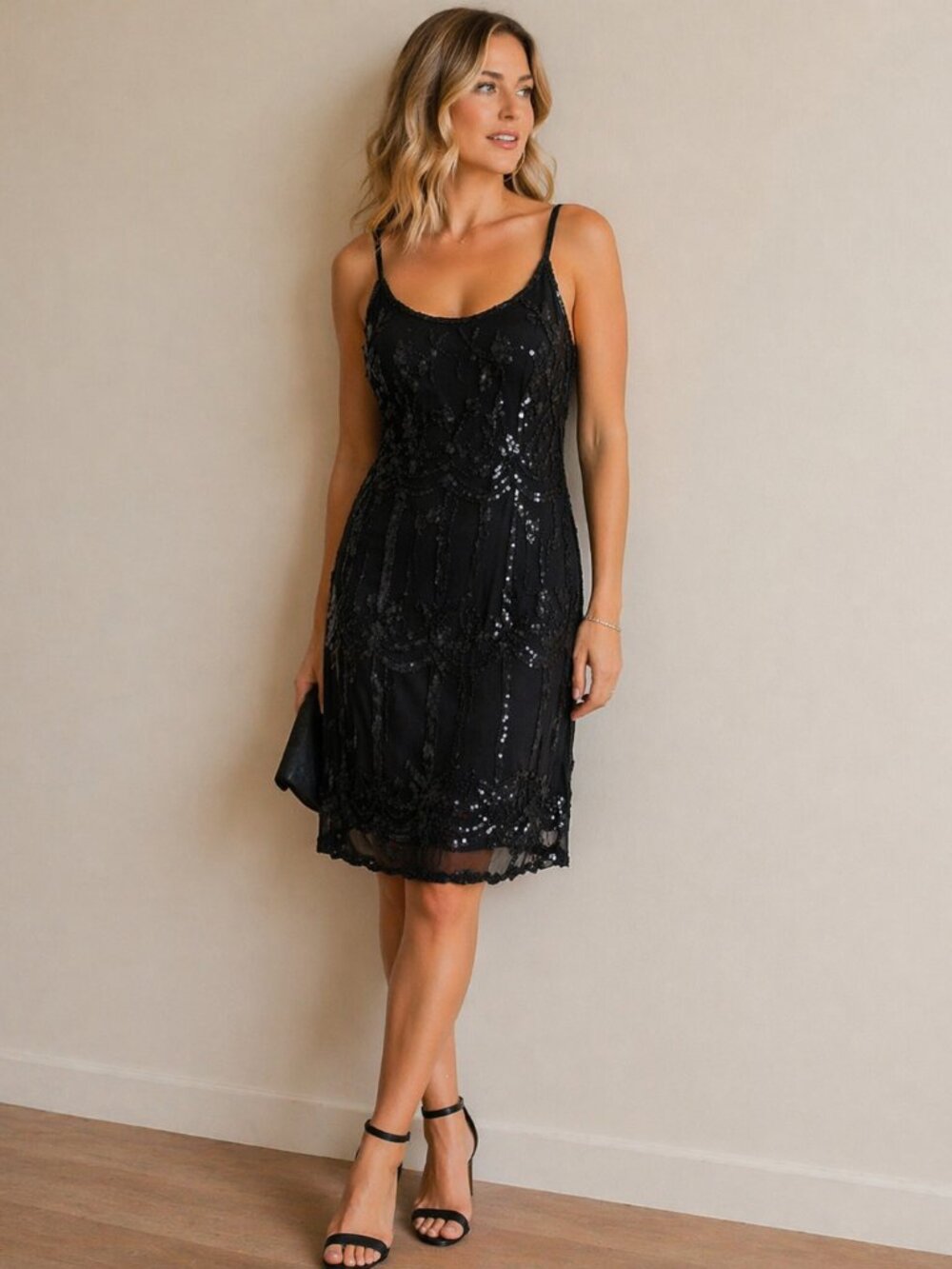 Vintage Papell Boutique Beaded Silk Slip Dress Black 1920s Gatsby Evening Sz 6/8